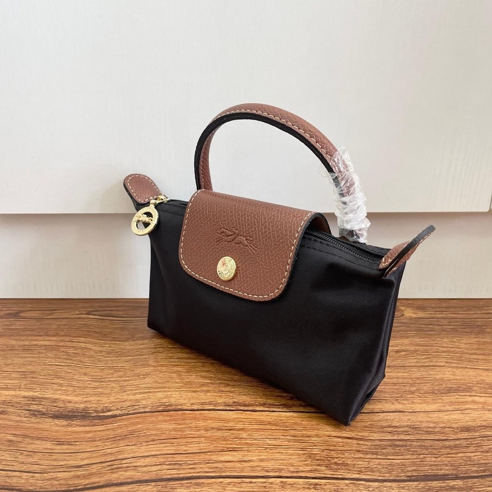 Longchamp Black Mini Top-Handle Bag with Brown Trim - Picture 4 of 10